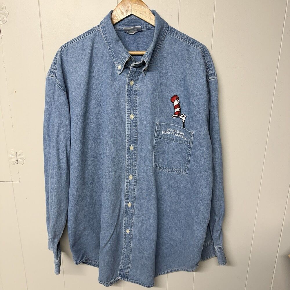 Vtg Universal Studios Islands of Adventure Denim Shirt Cat in Hat Dr Seuss 2XL
